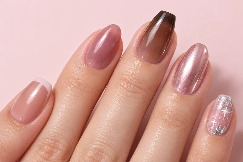 A hand wearing five Isra press-on sets: Taupe French Tips A418, Blush Pink A04, Coffee with brown tips A800, Pearly Pink A02 and Star Glitter C45
