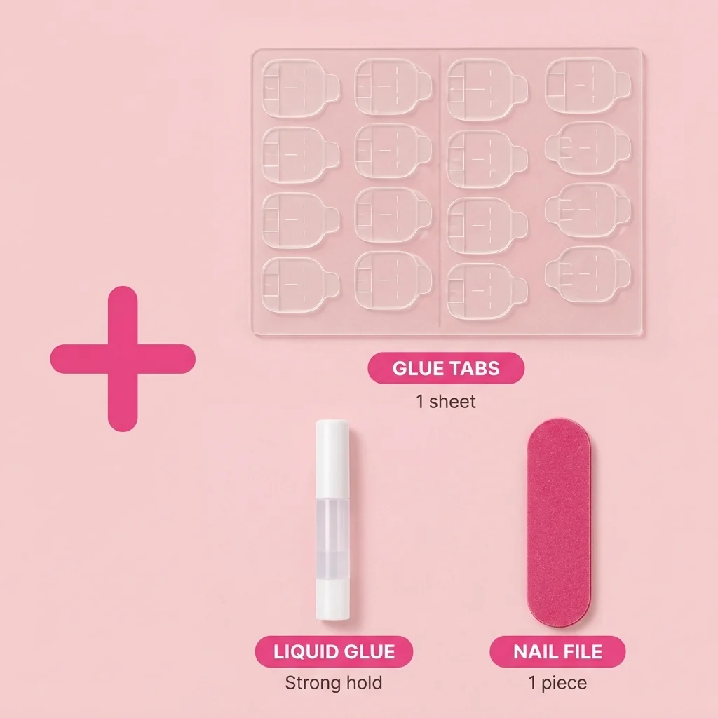 Also in the box: 1 sheet of glue tabs, a small liquid glue and a nail file